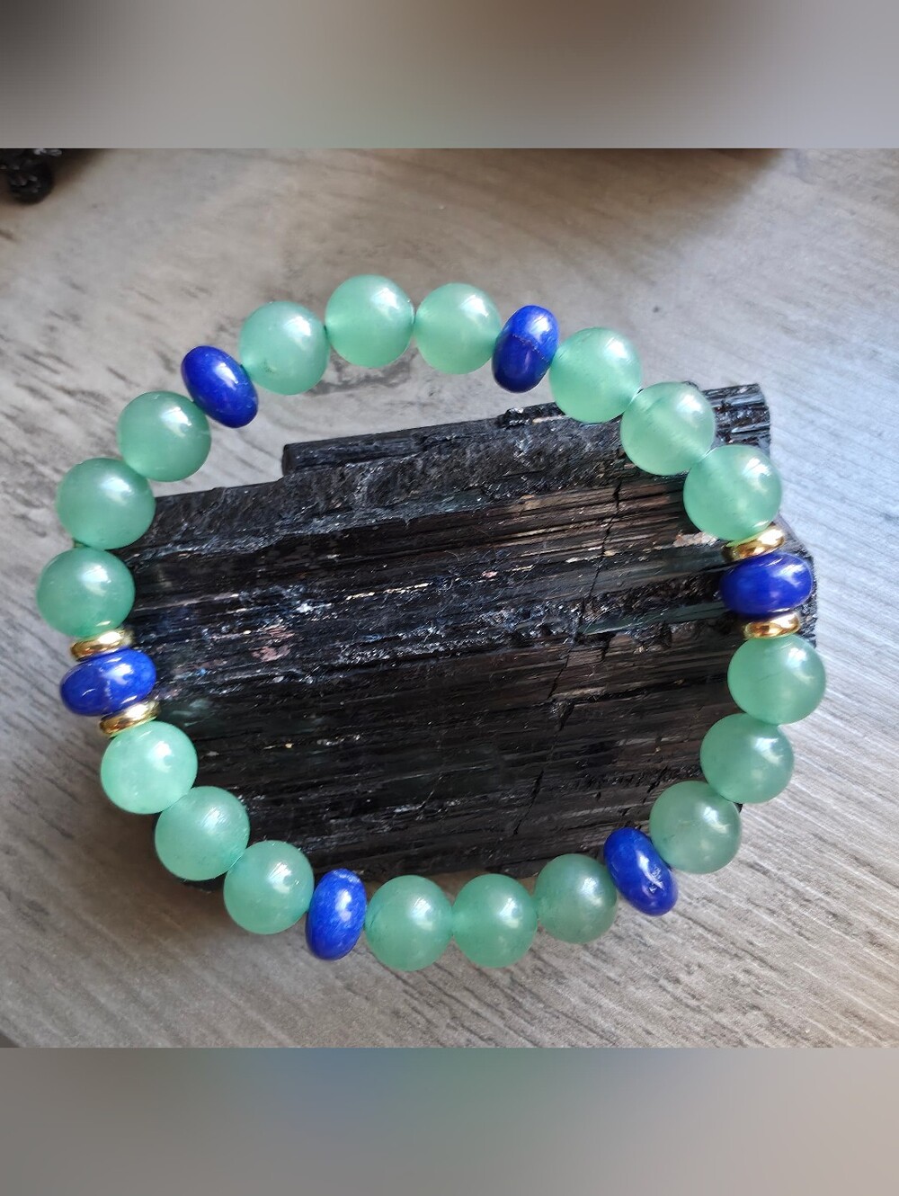 Green Aventurine and Blue Lapis Lazuli  Stretch Bracelet with Gold Accents | 8mm